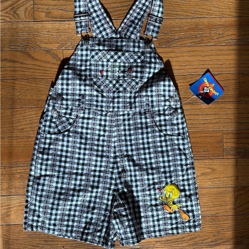 RARE VTG 90s Looney Tunes Tweety Bird Shortalls Deadstock NWT Kids 10/12 Plaid